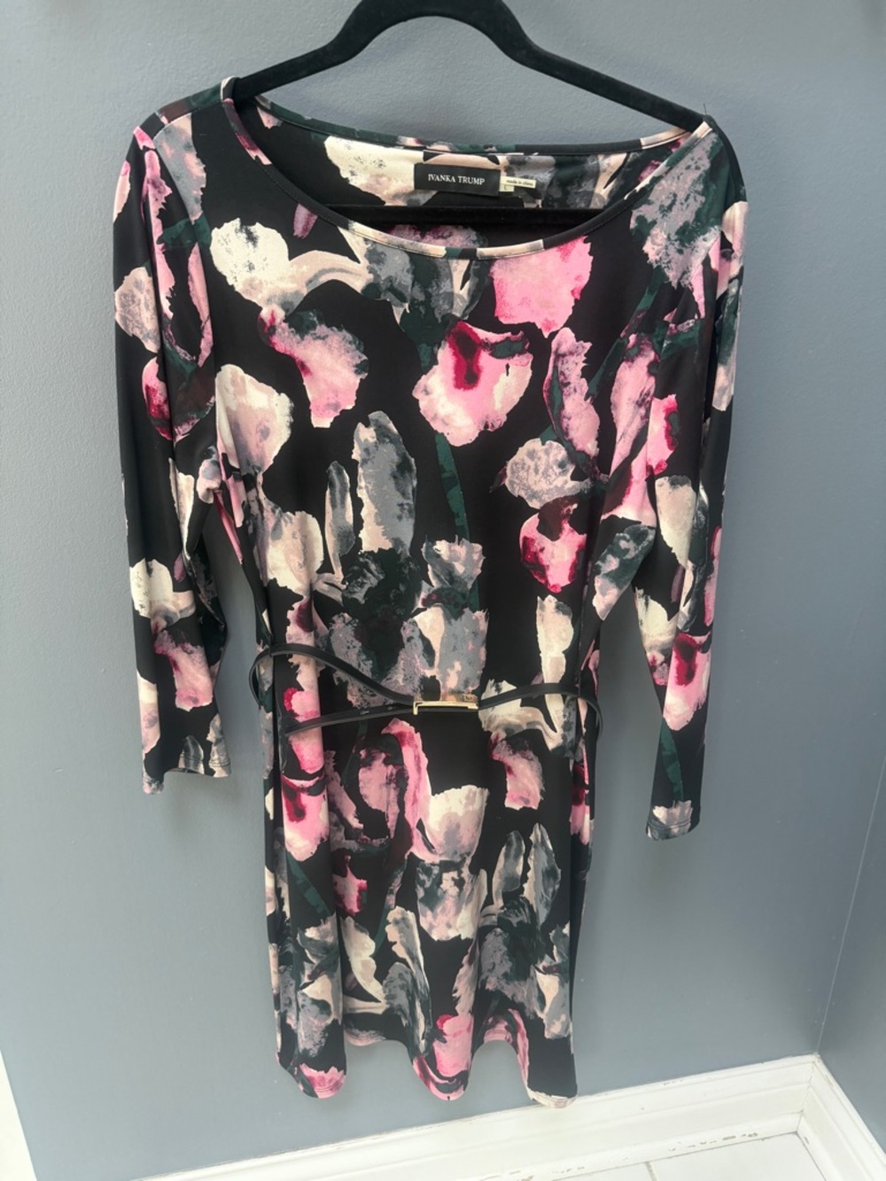 Ivanka Trump Black Floral Print Long Sleeve Belted Dress